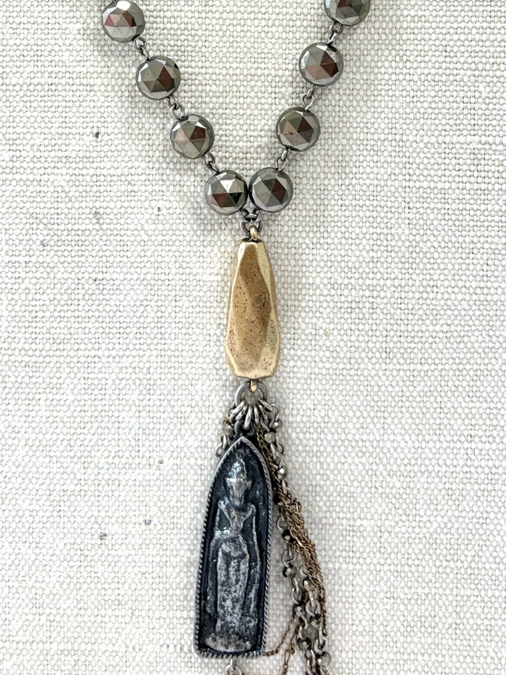 Saint Medallion with Tassels Metallic Oxidized Rosary‑Style Pendant Necklace NWT